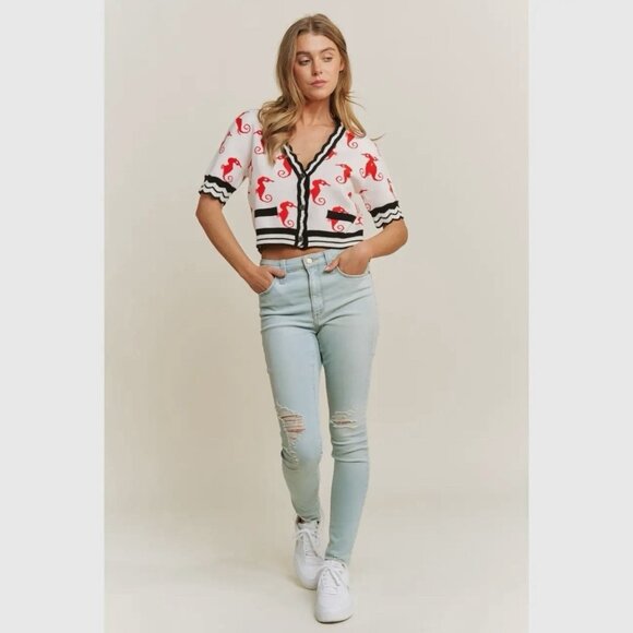 Women Crop Cardigan Size M Cute Red Seahorses Short Sleeves V-Neck Buttons Front - Picture 7 of 10